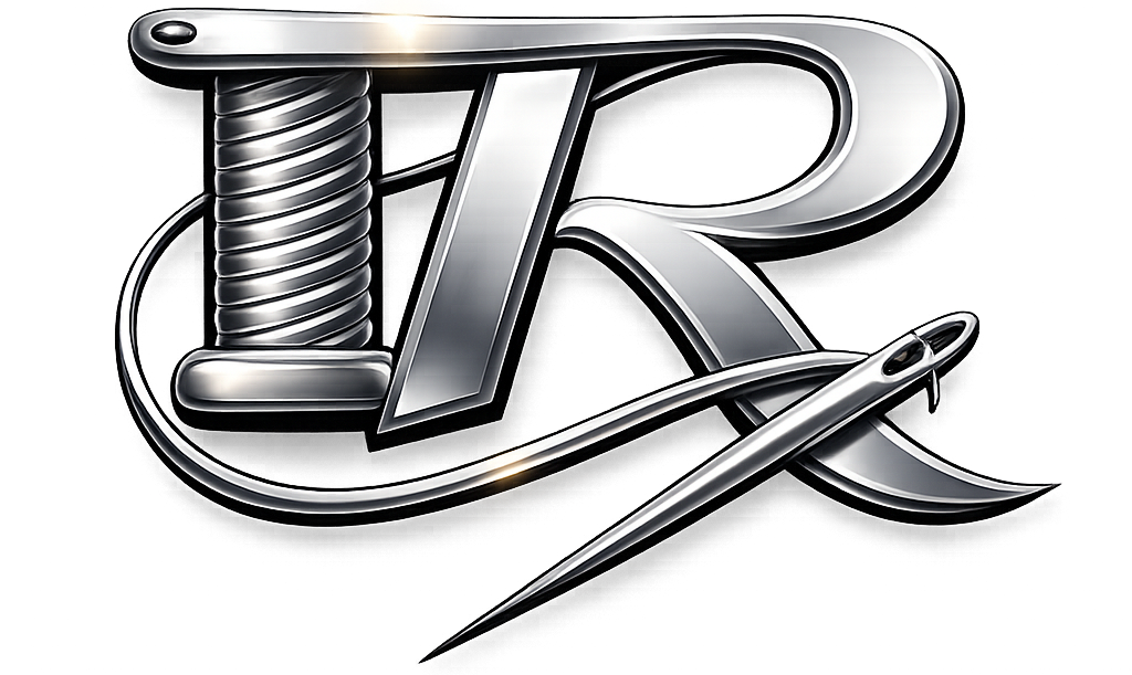 Metallic logo with a stylized 'R' and needle on a white background