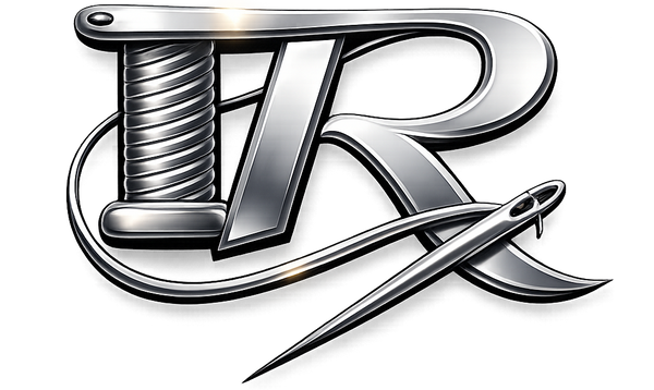 Metallic logo with a stylized 'R' and needle on a white background