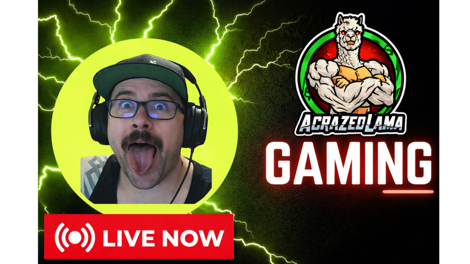 Gaming streamer with a logo and 'Live Now' banner on a dynamic background